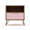 Manhattan Comfort Rockefeller 1.0 Mid-Century Modern 1-Drawer Nightstand in Nature & Rose Pink